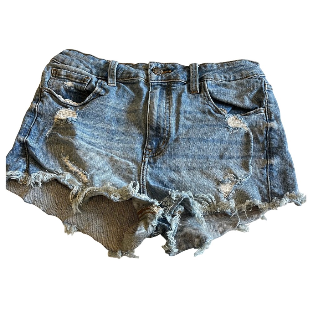 Studio Blue Womens Light Wash Distressed Frayed Hem Denim Shorts Size 28